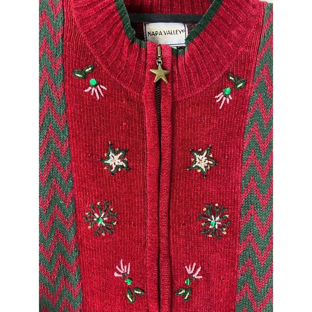 Napa Valley Womens XL Red Green Chevron Embroidered Christmas Zip Up Sweater